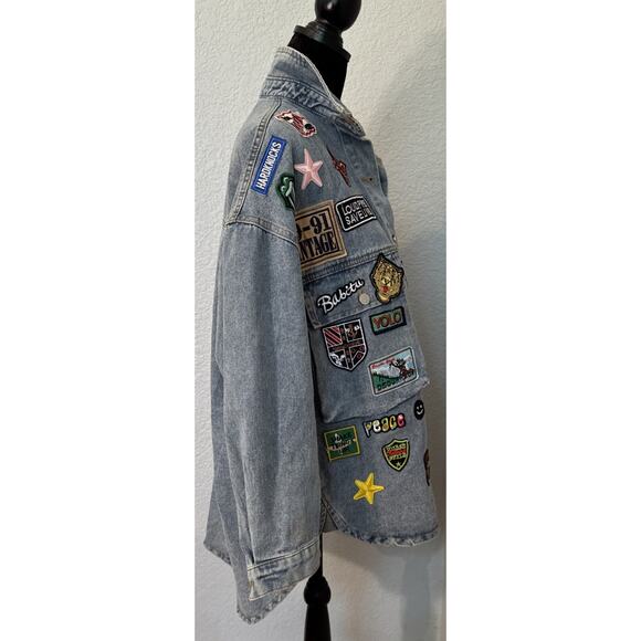 Embroidered Patch Button Up Long Sleeve Denim Jacket Shacket Hip Hop Streetwear - Picture 3 of 11